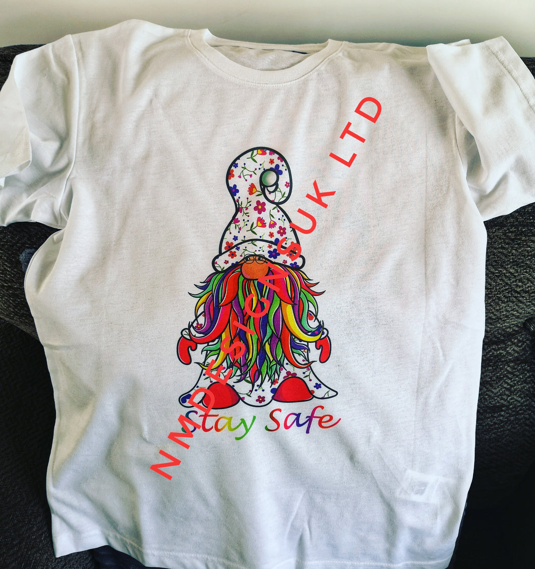 Gnome print T-shirt with rainbow colour beard